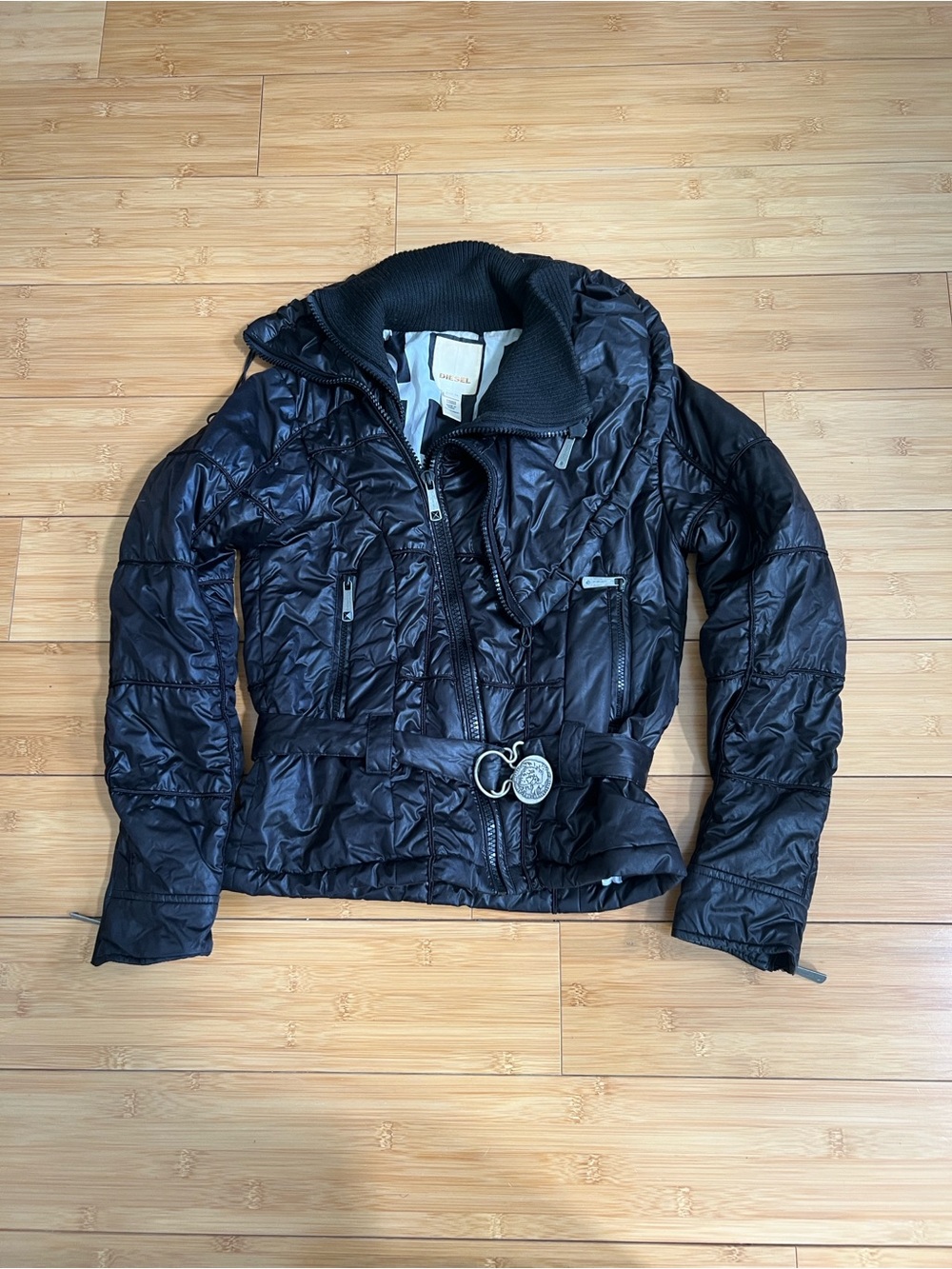 Diesel Black Quilted Belted Puffer Jacket